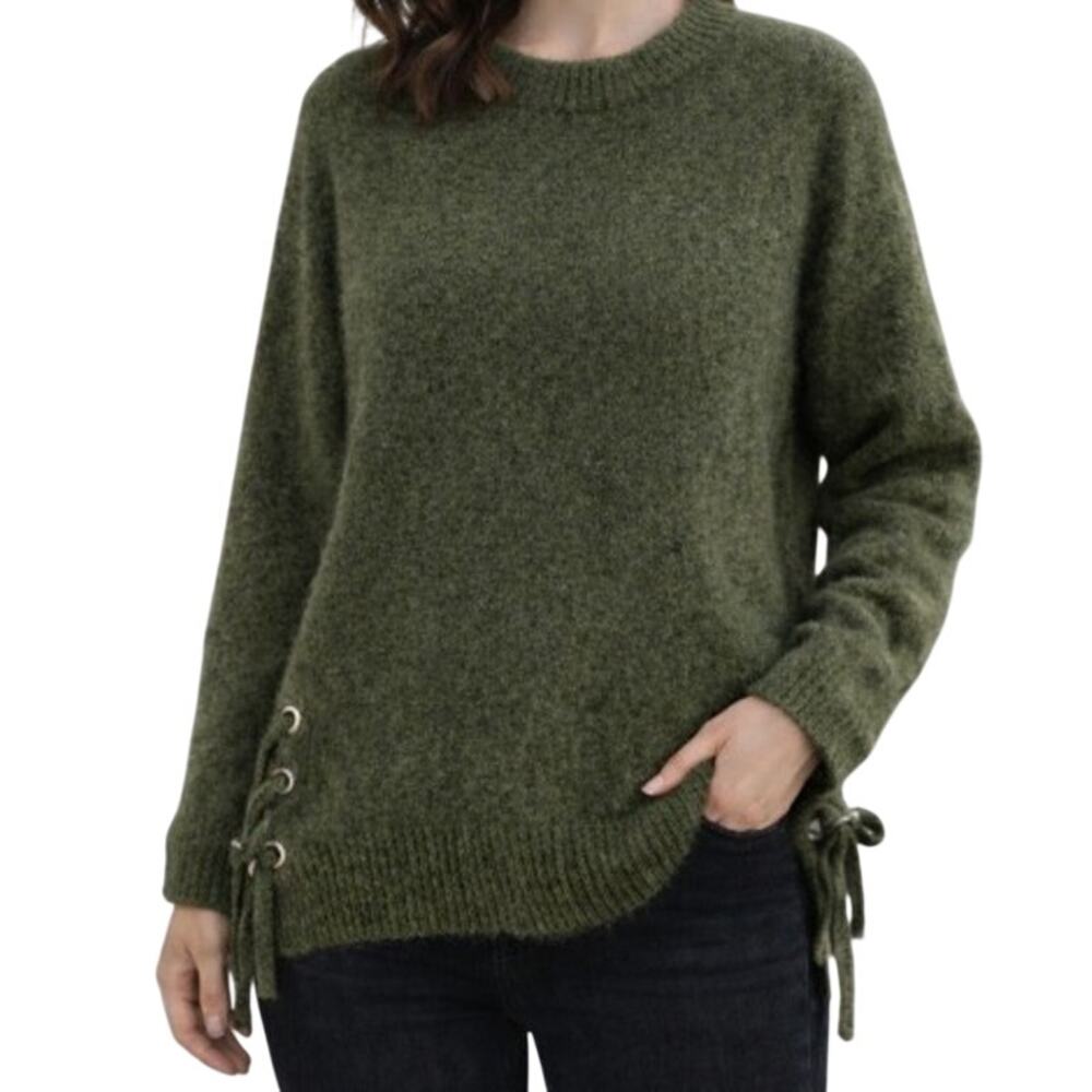 Saks Fifth Avenue Sweater Medium Green Merino Wool Cashmere Fuzzy Lace Up Cozy